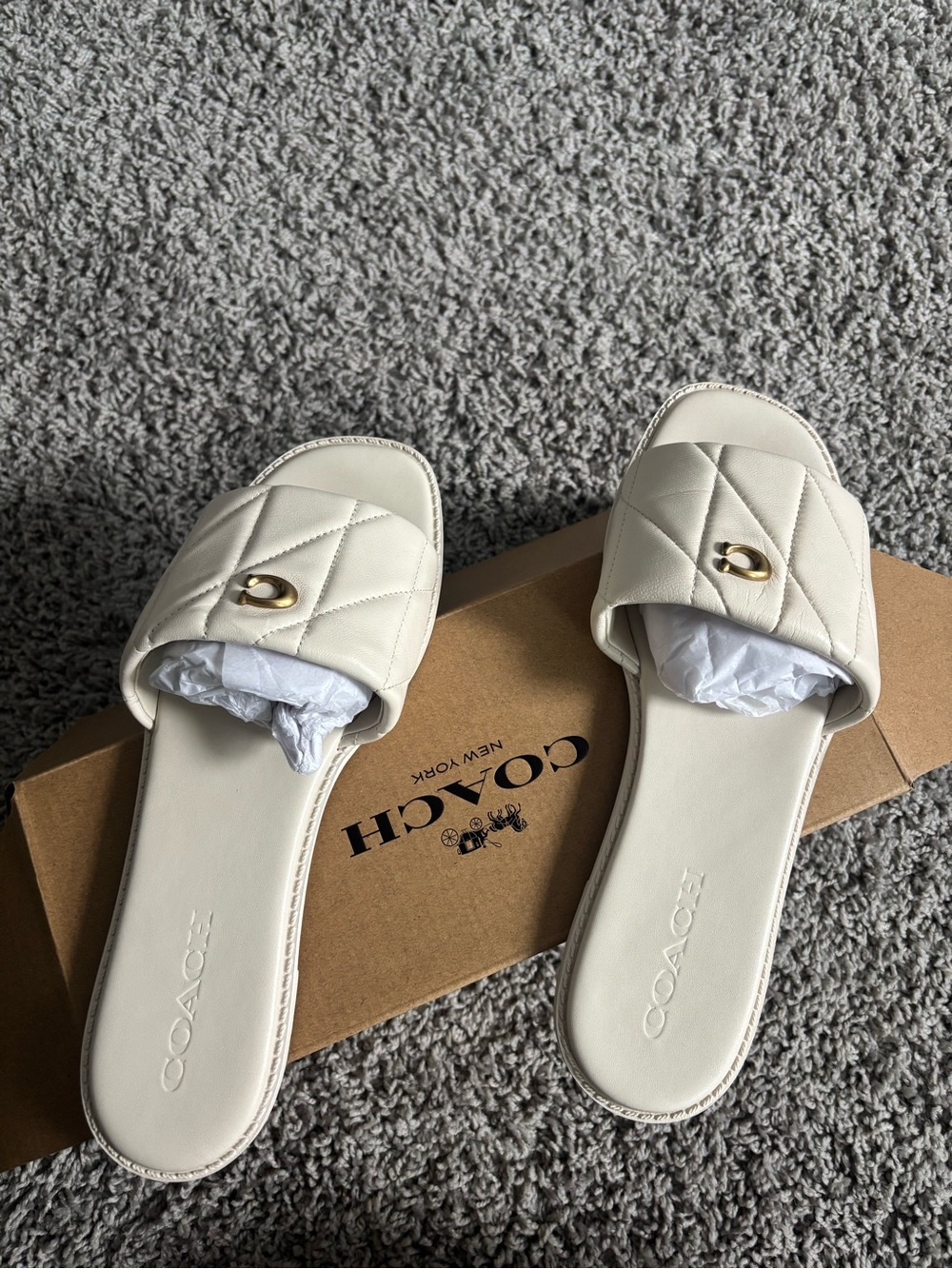 Coach Quilted Cream Slide Sandals with Gold Accent